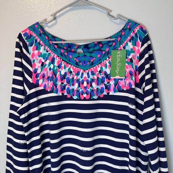 Lilly‎ Pulitzer Women's Size XL Bay Dress Bright Navy Island Medallion Stripe - Picture 7 of 11